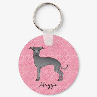 Blue Italian Greyhound Cute Dog On Pink Hearts Keychain
