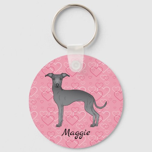 Blue Italian Greyhound Cute Dog On Pink Hearts Keychain