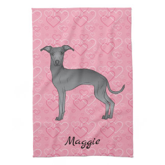 Blue Italian Greyhound Cute Dog On Pink Hearts Kitchen Towel