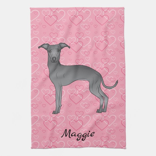 Blue Italian Greyhound Cute Dog On Pink Hearts Kitchen Towel (Vertical)