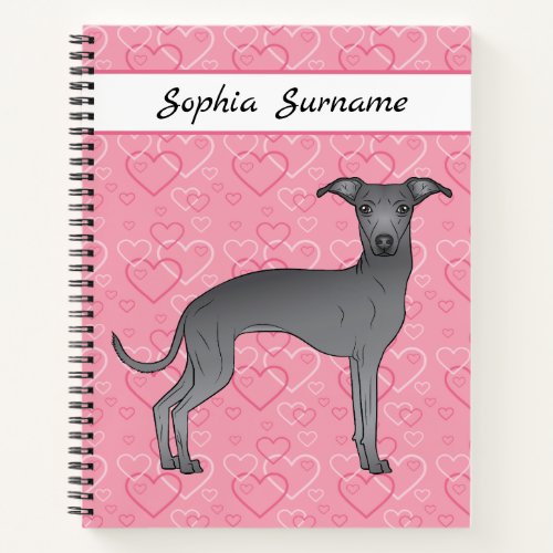 Blue Italian Greyhound Cute Dog On Pink Hearts Notebook