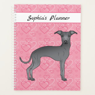 Blue Italian Greyhound Cute Dog On Pink Hearts Planner