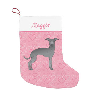 Blue Italian Greyhound Cute Dog On Pink Hearts Small Christmas Stocking
