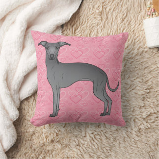 Blue Italian Greyhound Cute Dog On Pink Hearts Throw Pillow