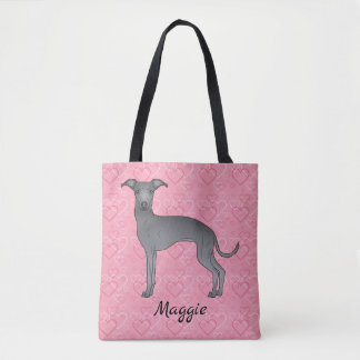 Blue Italian Greyhound Cute Dog On Pink Hearts Tote Bag