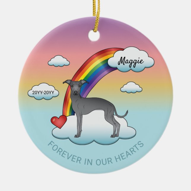Blue Italian Greyhound Cute Dog Rainbow Memorial Ceramic Ornament (Front)