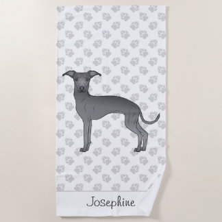 Blue Italian Greyhound Cute Dog With Custom Name Beach Towel