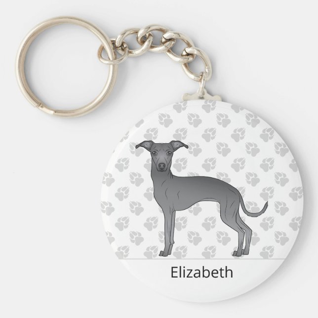 Blue Italian Greyhound Cute Dog With Custom Name Keychain (Front)