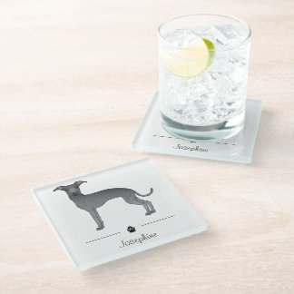 Blue Italian Greyhound Cute Dog With Custom Text Glass Coaster