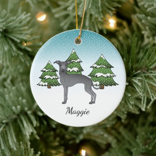 Blue Italian Greyhound Dog In A Winter Forest Ceramic Ornament