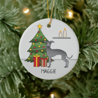 Blue Italian Greyhound Dog With A Christmas Tree Ceramic Ornament