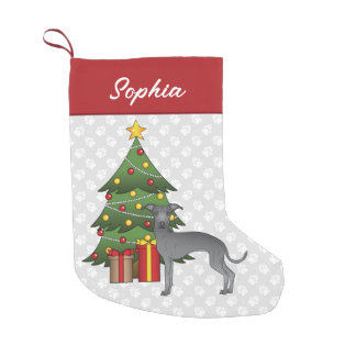 Blue Italian Greyhound Dog With A Christmas Tree Small Christmas Stocking