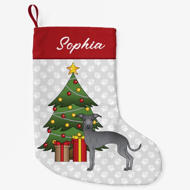 Blue Italian Greyhound Dog With A Christmas Tree Small Christmas Stocking (Front)