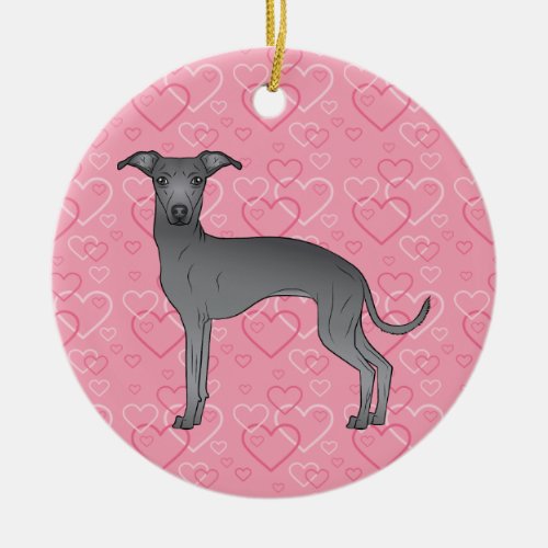 Blue Italian Greyhound Pink Hearts Pet Memorial Ceramic Ornament