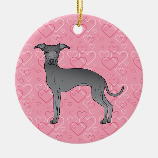 Blue Italian Greyhound Pink Hearts Pet Memorial Ceramic Ornament (Front)