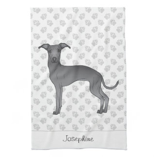 Blue Italian Greyhound With Custom Name Kitchen Towel