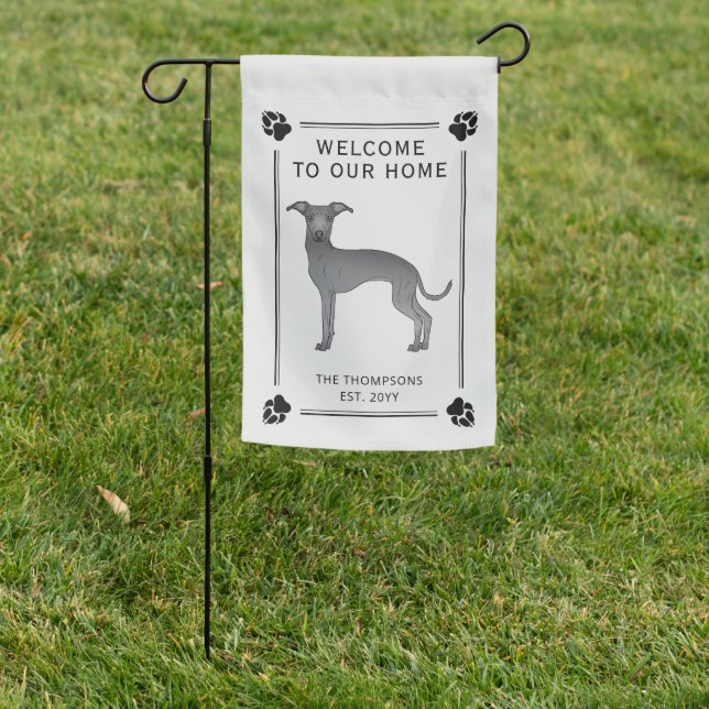 Blue Italian Greyhound With Paws And Custom Text Garden Flag (In SItu)