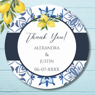 Blue Italian Lemon Mediterranean Wedding Thank You Classic Round Sticker