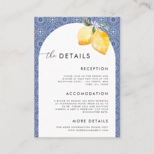 Blue Italian Spanish Tile Lemons Wedding Details   Enclosure Card