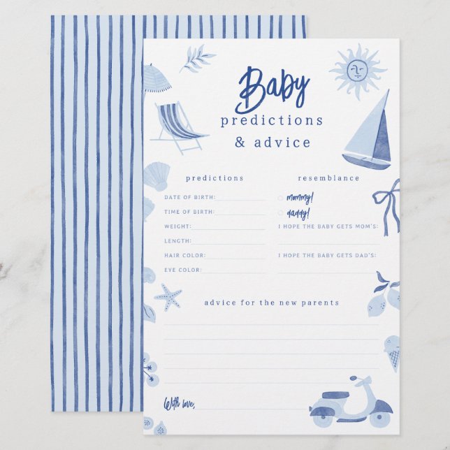 Blue Italian Summer Baby Predictions & Advice Game (Front/Back)