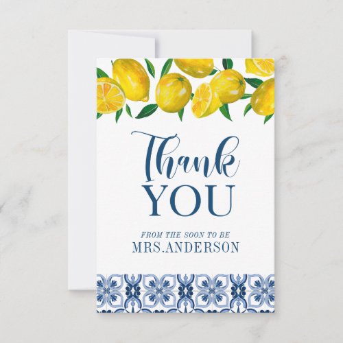 Blue Italian Tile Lemon Bridal Shower Thank You