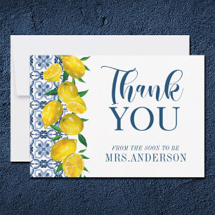 Blue Italian Tile Lemon Bridal Shower Thank You Card