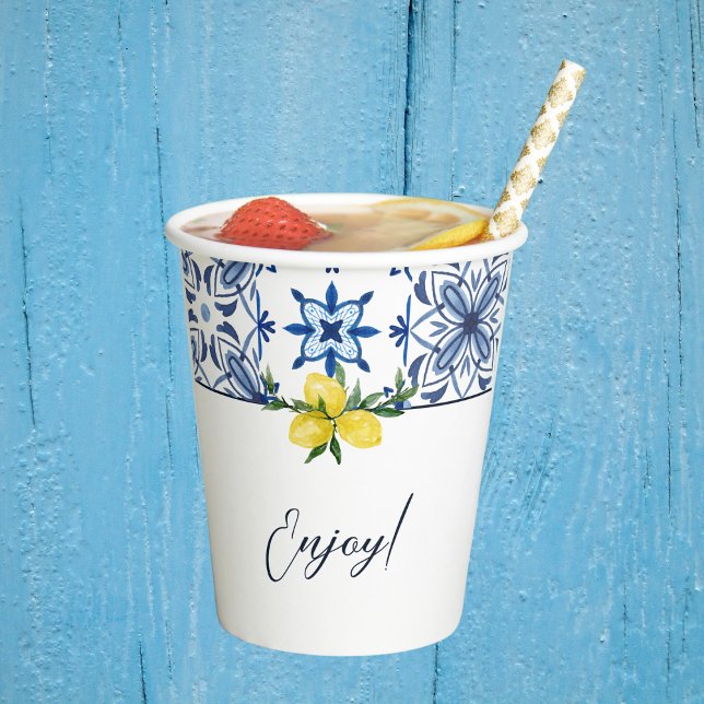 Blue Italian Tile Yellow Lemon Bridal Shower Paper Cups (Creator Uploaded)