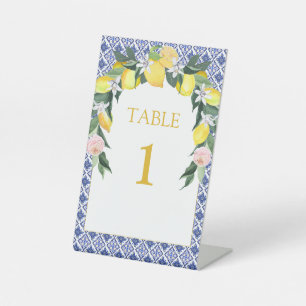 Blue Italian Tiles Lemon Bridal Shower Table Top Pedestal Sign