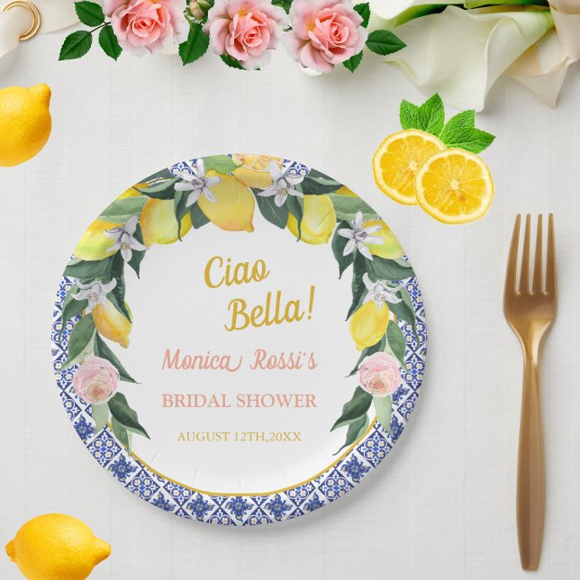 Blue Italian Tiles Lemon Ciao Bella Bridal Shower  Paper Plates (Creator Uploaded)