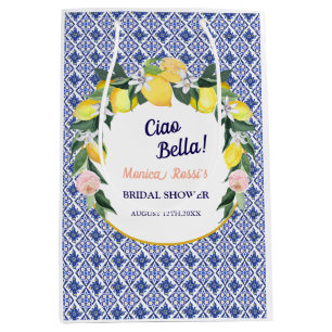 Blue Italian Tiles Lemons Ciao Bella Bridal Shower Medium Gift Bag