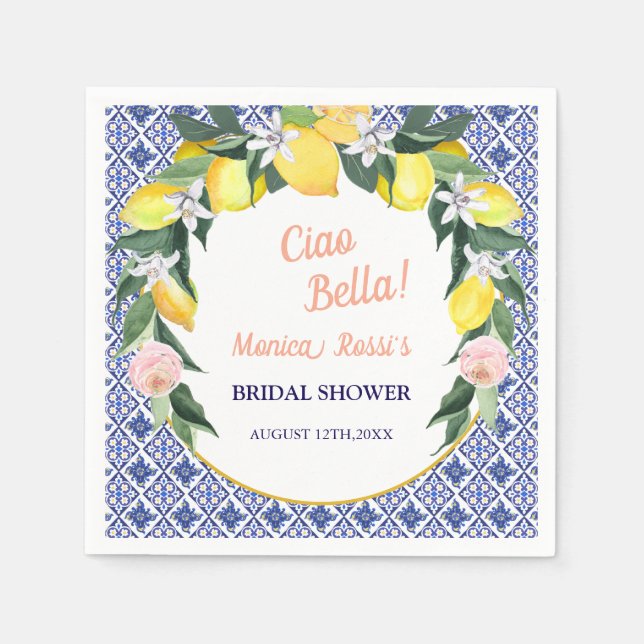 Blue Italian Tiles Lemons Ciao Bella Bridal Shower Napkins (Front)
