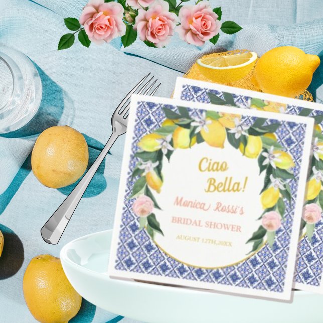 Blue Italian Tiles Lemons Ciao Bella Bridal Shower Napkins (Creator Uploaded)