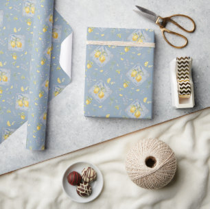 Blue Italian Watercolor Botanical Lemon Pattern Wrapping Paper