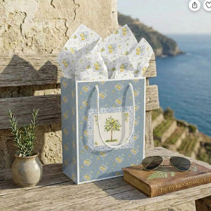 Blue Italian Watercolor Lemon Tree Tile Pattern Small Gift Bag