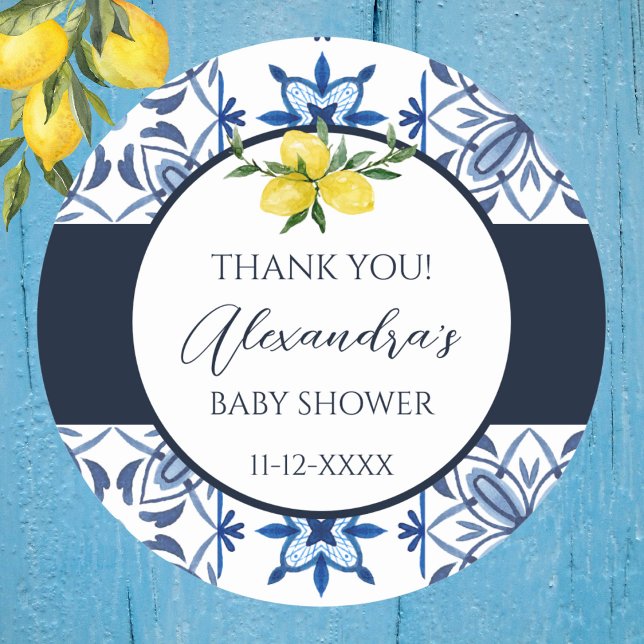 Blue Italian Yellow Lemon Baby Shower Thank You Classic Round Sticker (Creator Uploaded)
