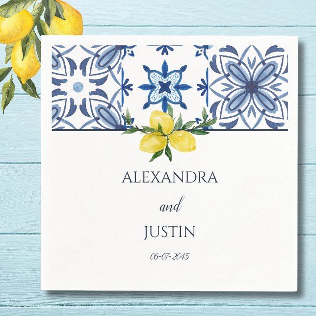 Blue Italian Yellow Lemon Mediterranean Wedding Napkins (Creator Uploaded)