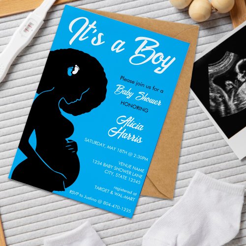 Blue Its A Boy Afro African American Baby Shower Invitation