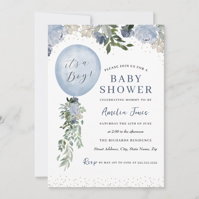 Blue It's a Boy Balloon Baby Shower  Invitation (Front)