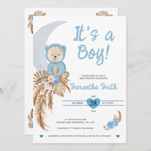 Blue It's A Boy Boho Bear Moon Baby Shower Invitation (Front/Back)
