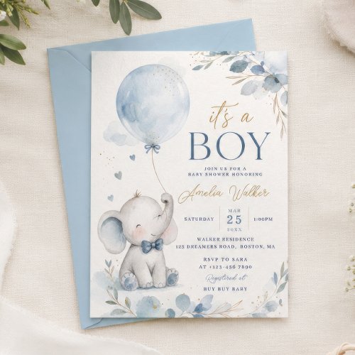 Blue It's a Boy Elephant Baby Shower Invitation