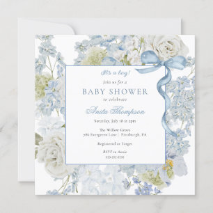 Blue It's a Boy Floral Bow Baby Shower Invitation