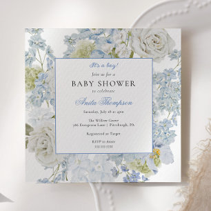 Blue It's a Boy Floral Bow Baby Shower Invitation