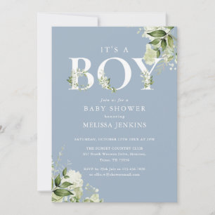 Blue Its A Boy Greenery All In One Baby Shower Invitation