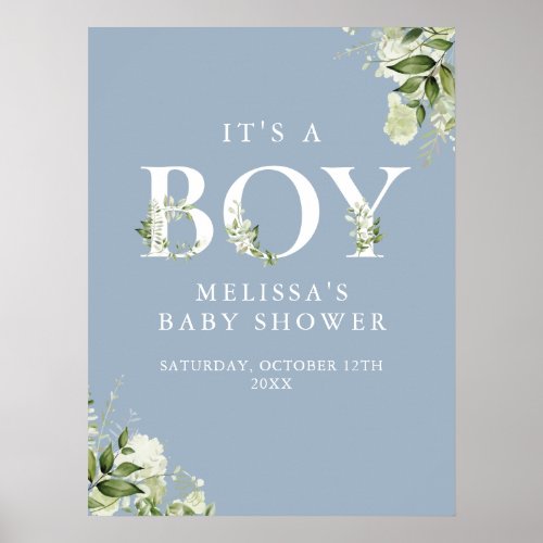 Blue Its A Boy Greenery Baby Shower Sign