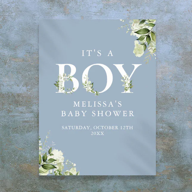 Blue Its A Boy Greenery Baby Shower Sign | Zazzle