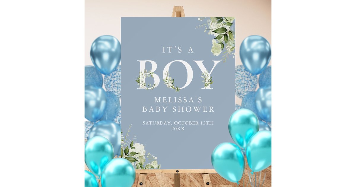 Blue Its A Boy Greenery Baby Shower Sign | Zazzle