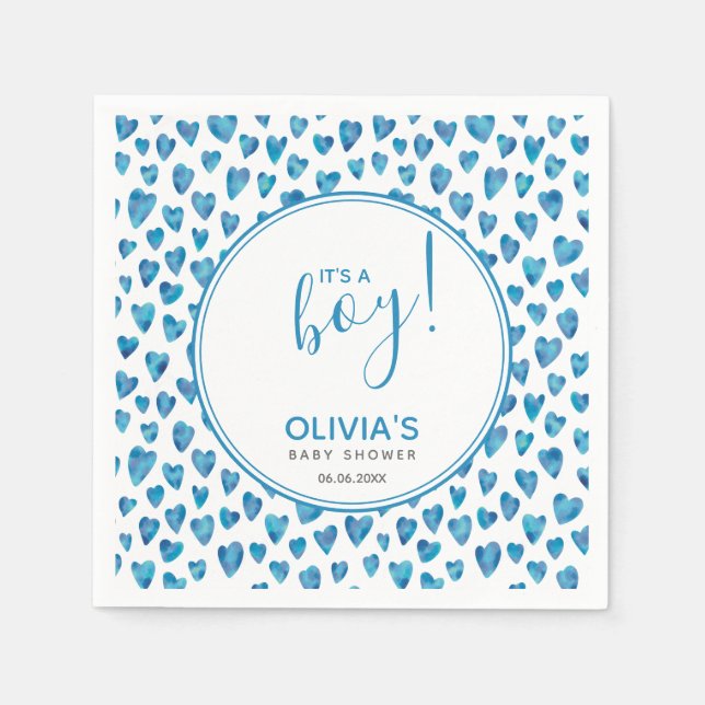 Blue It's A Boy Heart Baby Shower Napkins (Front)