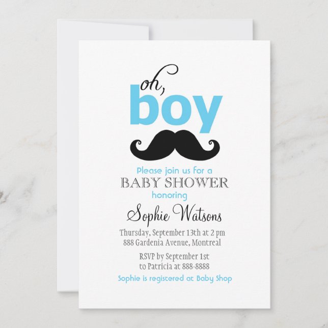 Blue It's a Boy Mustache Baby Shower Invitations (Front)