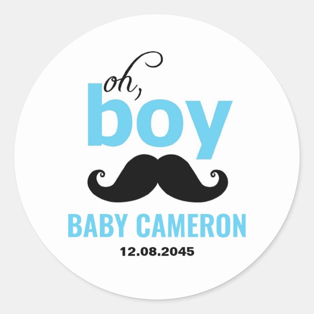 Blue It's a Boy Mustache Baby Shower Sticker (Front)