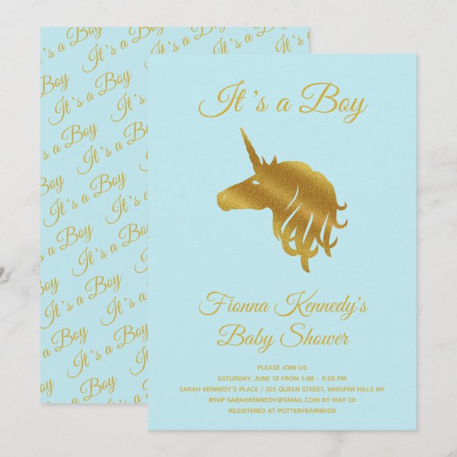 Blue It's a Boy Unicorn Baby Shower Invitation (Front/Back)